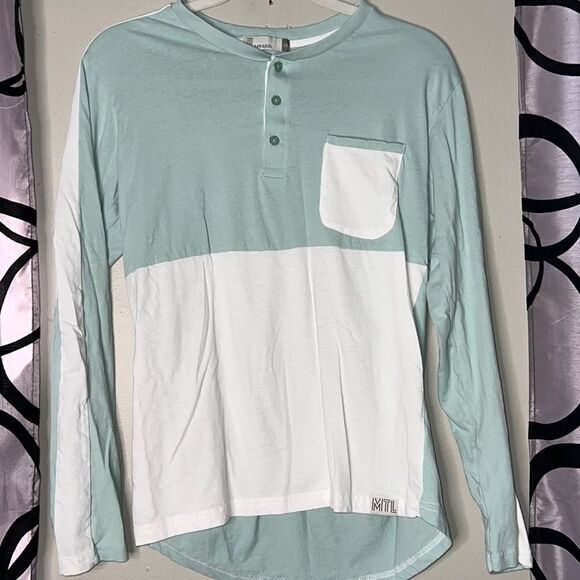 MTL Apparel green and white color block, long sleeve shirt, size small - Picture 1 of 7